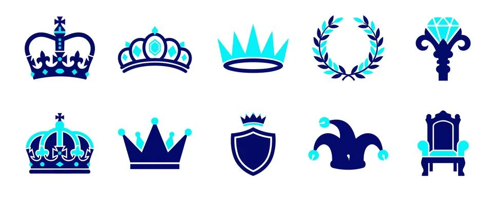 Blue royal vector icon set featuring crowns and throne symbols for monarchy.. Stock Illustration
