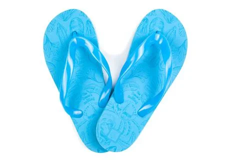 Blue rubber beach flip flops on a white background, isolate, view from above Stock Photos