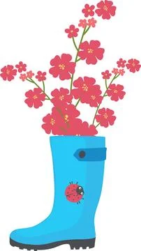 Blue rubber boot with red flowers and ladybug Stock Illustration