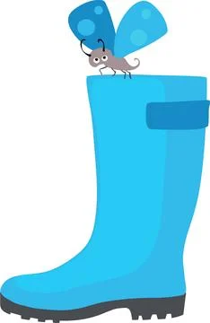 Blue rubber boot on which a blue butterfly sits, cartoon , gardening Stock Illustration