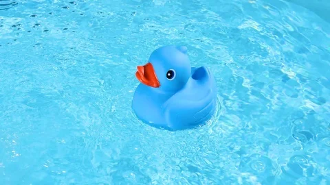 A blue rubber duck is easy to float on the crystal clear water of a pool in t Stock Footage 93644127