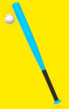 Blue rubber professional softball or baseball bat and ball isolated on yellow Stock Illustration