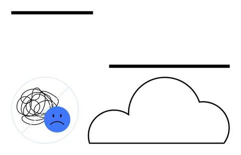 Blue sad face with doodle inside crossed-out circle next to dark cloud 스톡 일러스트