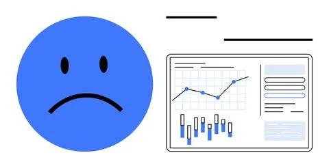 Blue Sad Face emotion with Declining Graph and Bar Chart on Digital Monitor Stock Illustration