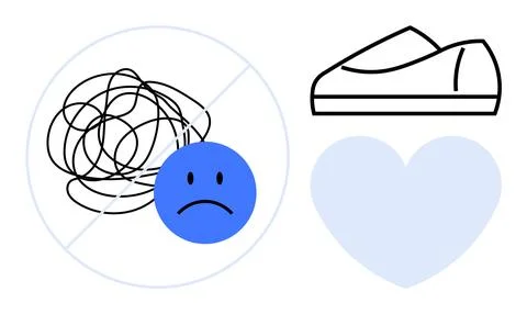 Blue Sad Face with No Scribbles, Heart Shape, and Shoe Outline Representing.. Stockillustratie
