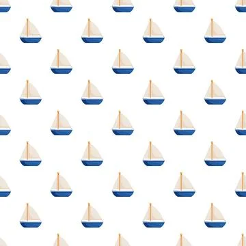 Blue sailboats repeating seamless pattern on white background Stock Illustration