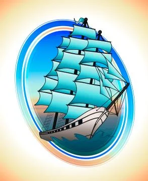 Blue sails ship in a circle. Vector draw Stock Illustration