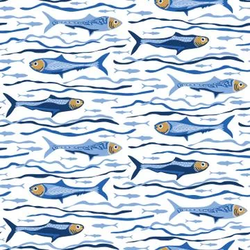 Blue Sardines Fish Seamless Vector Pattern. Swimming Sea Animal Motif for Lisbon Stock Illustration