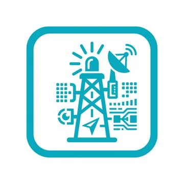 Blue satellite communication tower icon for wireless network data broadcast.. Stock Illustration