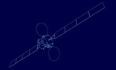 Blue satellite is shown in a blue background. The satellite is a large, thin Illustrazione stock
