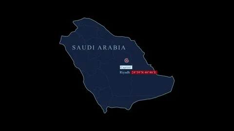 Blue Saudi Arabia map with Riyadh capital city and geographic coordinates Video stock 278508843