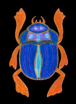 Blue scarab isolated on black background. Ancient sacred insect. Egyptian Stock Illustration