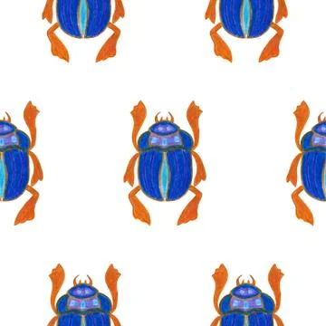 Blue scarab isolated on white background. Seamless pattern with Bug insect, B Stock Illustration