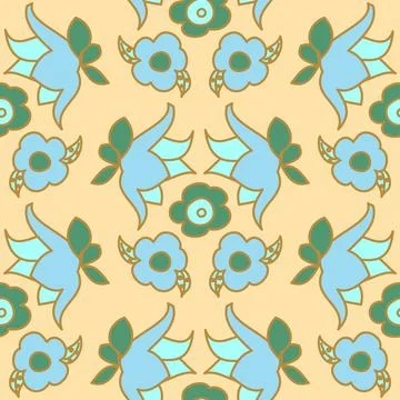 Blue scattered flowers vector repeatable seamless pattern on a pale gold back 스톡 일러스트