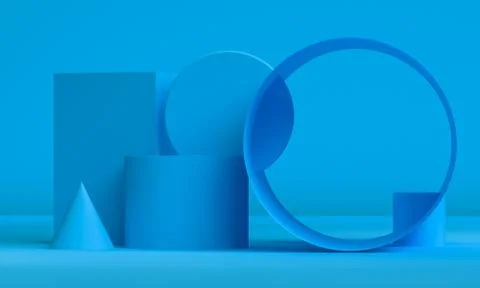 Blue Scene with geometrical forms, minimal abstract  background,3D render Stock Illustration