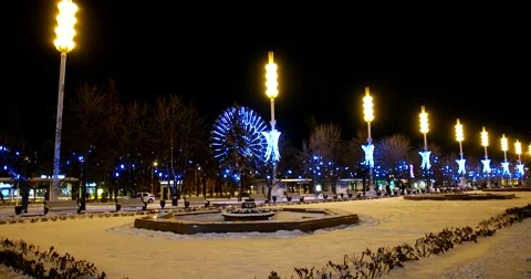 Blue scenery - the trees glow in the main alley of VDNKH in the dark Stock Footage 67767555