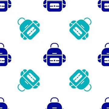 Blue School backpack icon isolated seamless pattern on white background. Vector Illustrazione stock