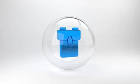 Blue School backpack icon isolated on grey background. Glass circle button. 3 Stock Illustration