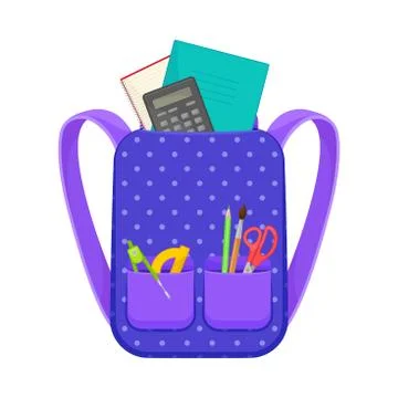 Blue school backpack with a pocket with a zipper. Vector illustration on a white Stock Illustration