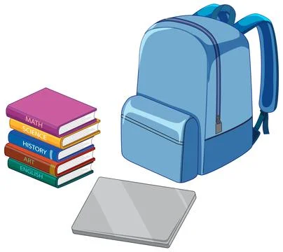 Blue school backpack with a stack of textbooks and a digital tablet Stock Illustration