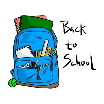 Blue school bag with items for students vector illustration sketch doodle han Stock Illustration