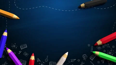 Blue school board with drawn doodle style icons of supplies and 3D pencil Stock Footage 315503848