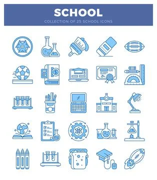 Blue school icons in a flat design style on a white background with a blue .. Stock Illustration