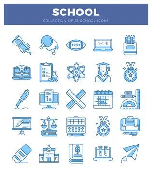 Blue school icons on a white background. educational symbols. learning tool.. Stock Illustration