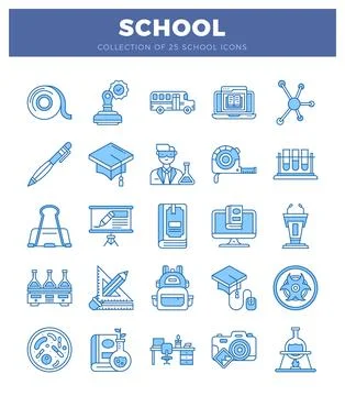 Blue school icons on a white background with a blue header Stock Illustration