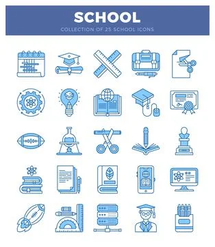 Blue school icons on white background. education and learning symbols. Illustrazione stock