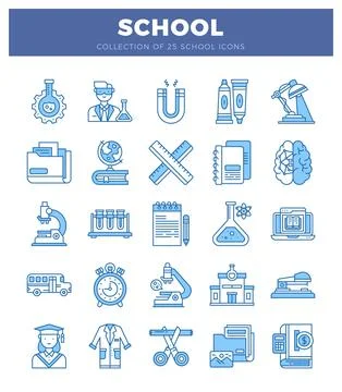 A blue school-themed flat icons for educational purposes on a white backgroun Stock Illustration
