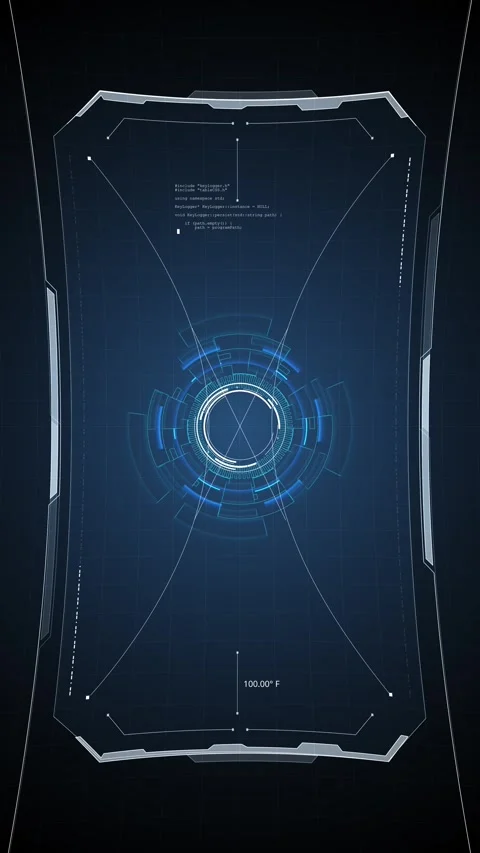Blue sci fi control panel glowing circular reticle, HUD frame, grid lines Stock Footage 333861313