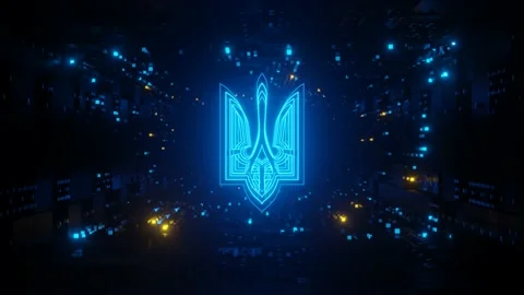 Blue sci-fi glowing ukrainian trident reveal animation Stock Footage 190463565