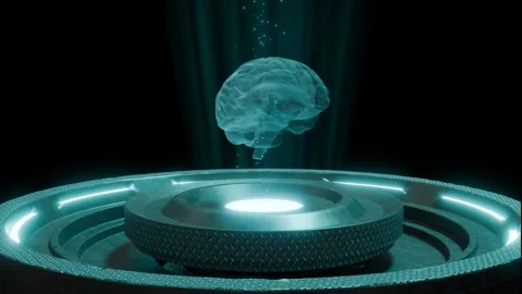 Blue Sci-Fi Hologram Projection of the Rotating Human Brain : 3D Loop Animation Stock Footage 259392946