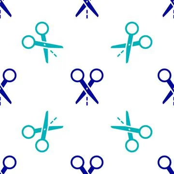 Blue Scissors with cut line icon isolated seamless pattern on white backgroun Stock Illustration