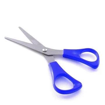Blue scissors isolated on a white background with shadows 스톡 사진