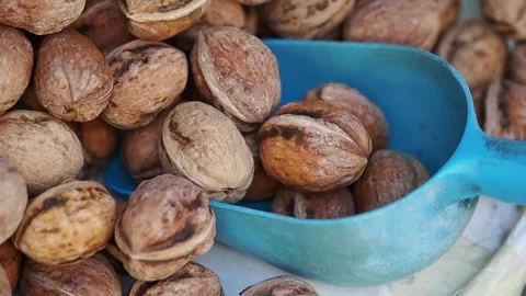 A blue scoop filled with walnuts sits prominently on a market display Stock Footage 345774850