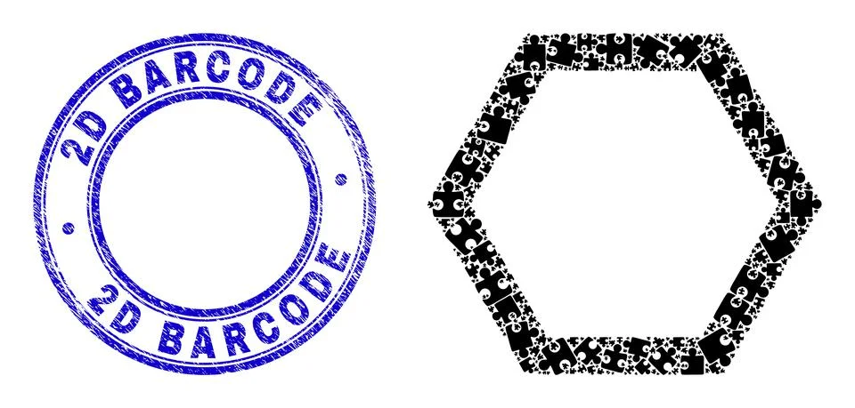 Blue Scratched 2D Barcode Stamp Seal and Empty Hexagon Icon Mosaic of Puzzle Illustrazione stock