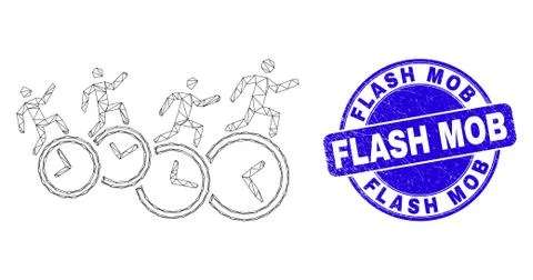 Blue Scratched Flash Mob Seal and Web Mesh People Run Over Clocks Ilustração Stock