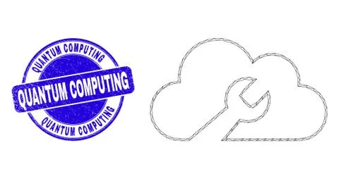 Blue Scratched Quantum Computing Seal and Web Mesh Cloud Wrench Illustrazione stock