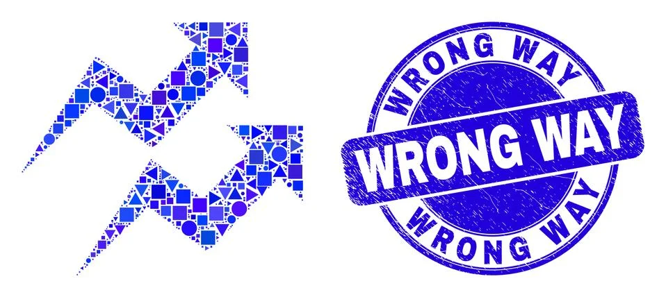 Blue Scratched Wrong Way Stamp and Trend Arrows Mosaic Stock Illustration