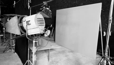 Blue screen backdrop and big LED studio light Stock Photos