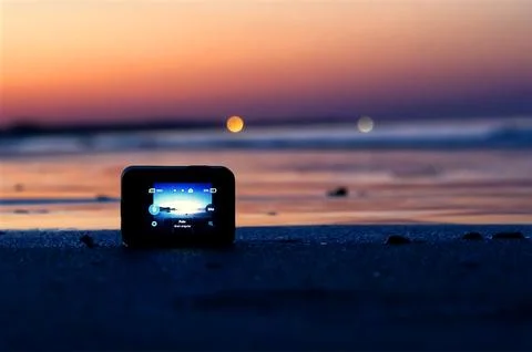 Blue screen on the beach at sunset. Foto stock