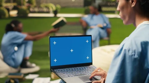 Blue screen chroma key on laptop held by black medical student Stock Footage 340961526