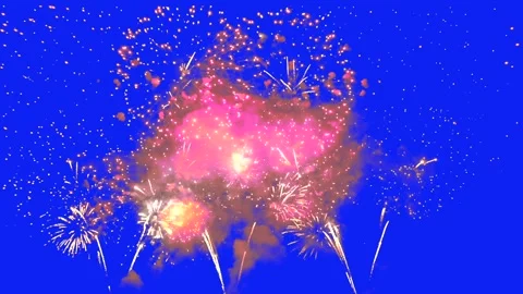 Blue Screen Fireworks Explode With Vibrant Color, Pink And Gold Clouds Mix 스톡 동영상 330751743