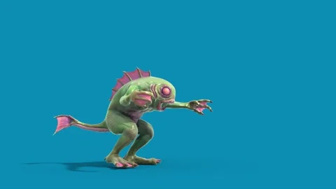 Blue Screen Fish Man Monster Attacks Side Loop 3D Animation Rendering CGI 4K Stock Footage 327733643
