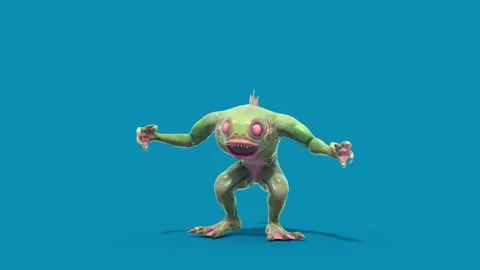 Blue Screen Fish Man Monster Attacks Front Loop 3D Animation Rendering CGI 4 Stock Footage 327733661