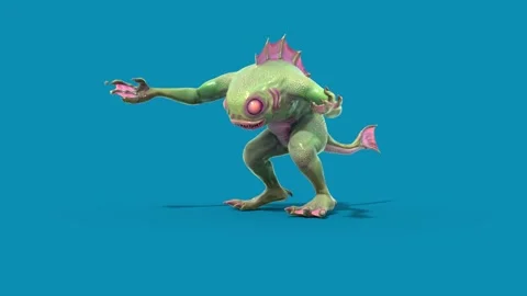 Blue Screen Fish Man Monster Die Front 3D Animation Rendering CGI 4K Stock Footage 327733688
