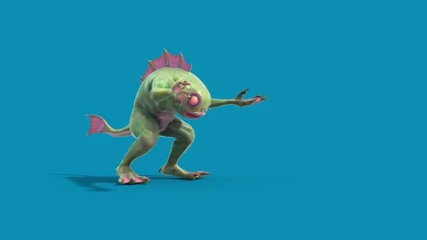 Blue Screen Fish Man Monster Die Side 3D Animation Rendering CGI 4K Stock Footage 327733709