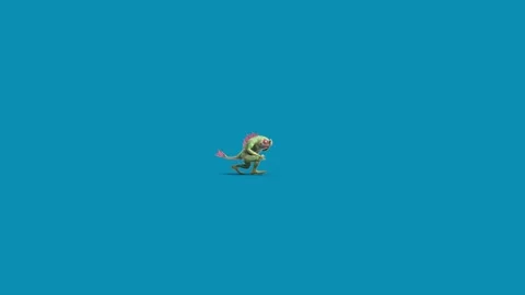 Blue Screen Fish Man Monster Runs Side 3D Animation Rendering CGI 4K Stock Footage 327733805
